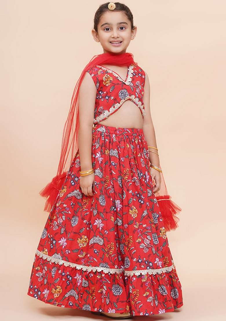 Red Embellished Cotton Lehenga Set For Girls - Indya