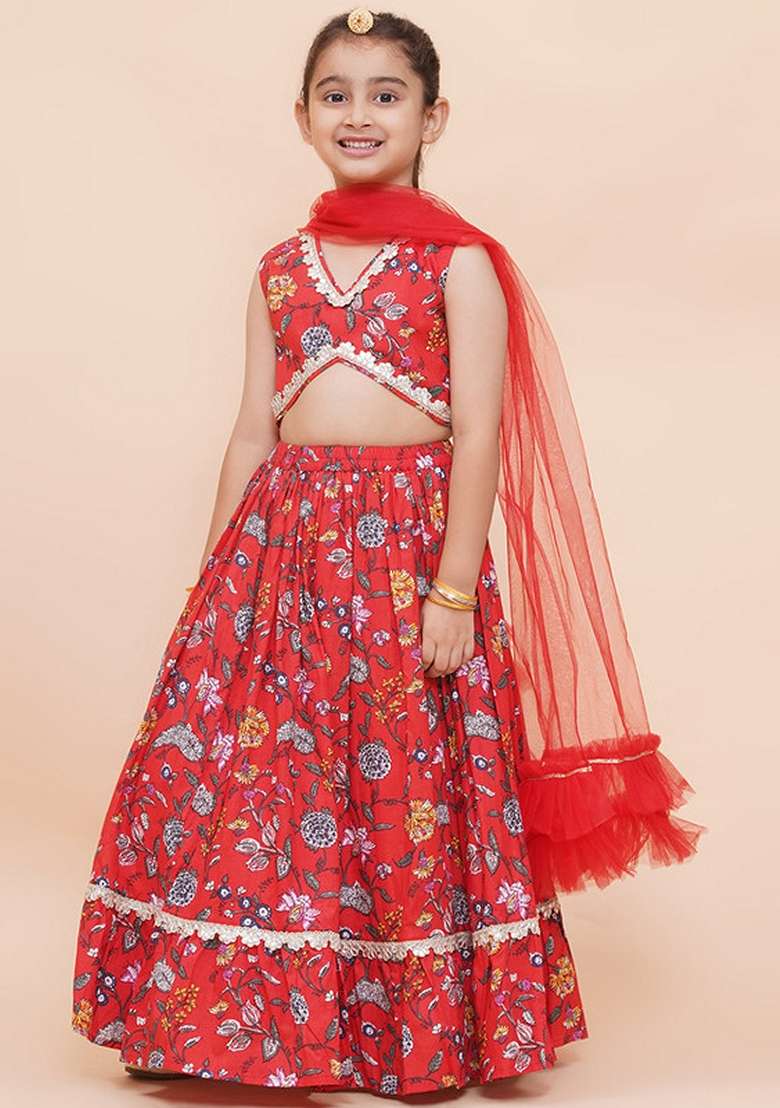 Red Embellished Cotton Lehenga Set For Girls - Indya