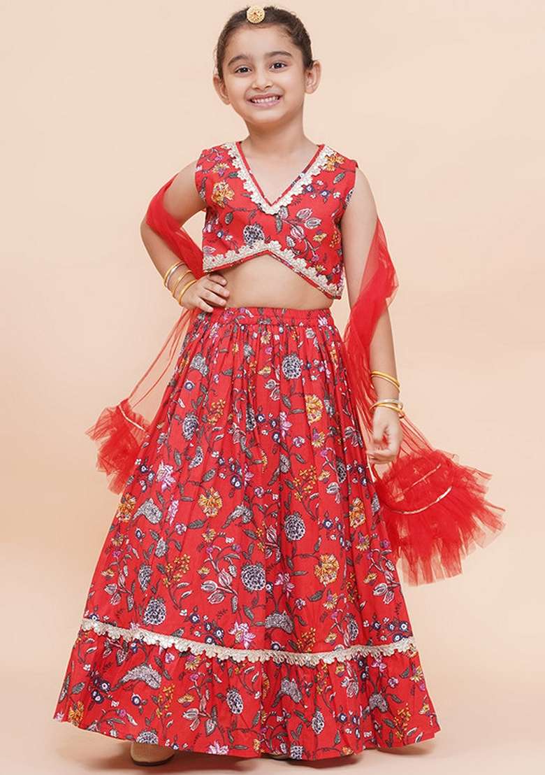 Red Embellished Cotton Lehenga Set For Girls - Indya