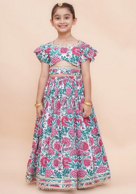 White And Green Embellished Cotton Lehenga Set For Girls — view on Indya