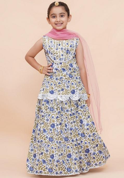 White And Blue Embellished Cotton Lehenga Set For Girls — view on Indya