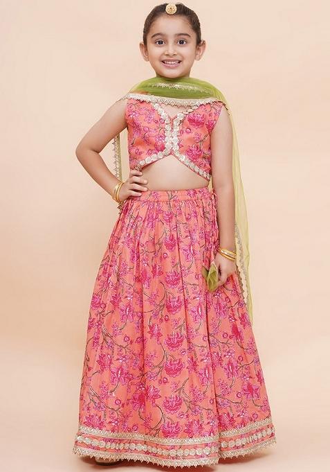 Peach Embellished Cotton Lehenga Set For Girls — view on Indya