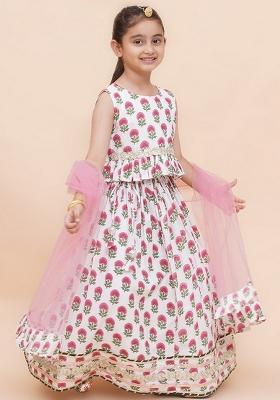 White Embellished Cotton Lehenga Set For Girls