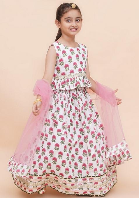 White Embellished Cotton Lehenga Set For Girls — view on Indya