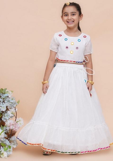 White Embellished Silk Lehenga Set For Girls — view on Indya