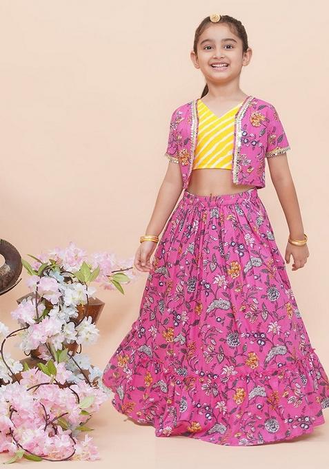 Pink And Yellow Embellished Cotton Lehenga Set For Girls — view on Indya