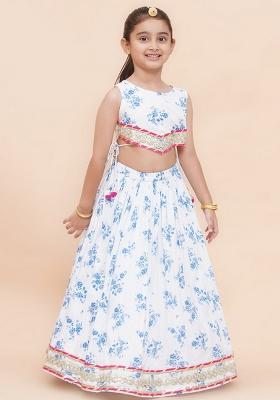 White And Blue Embellished Cotton Lehenga Set For Girls