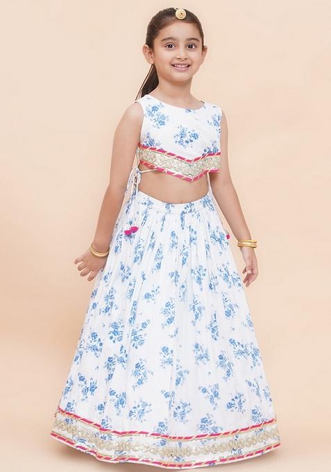 White And Blue Embellished Cotton Lehenga Set For Girls — view on Indya
