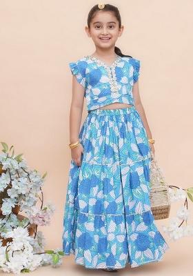 Blue Embellished Cotton Lehenga Set For Girls