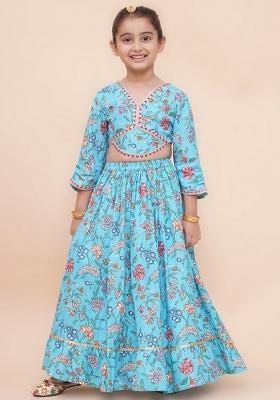 Blue Embellished Cotton Lehenga Set For Girls