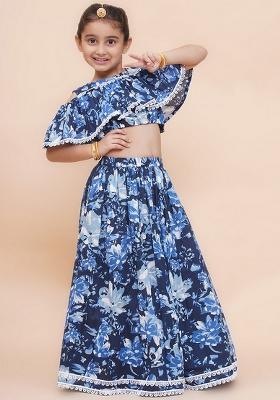 Navy Blue Embellished Cotton Lehenga Set For Girls