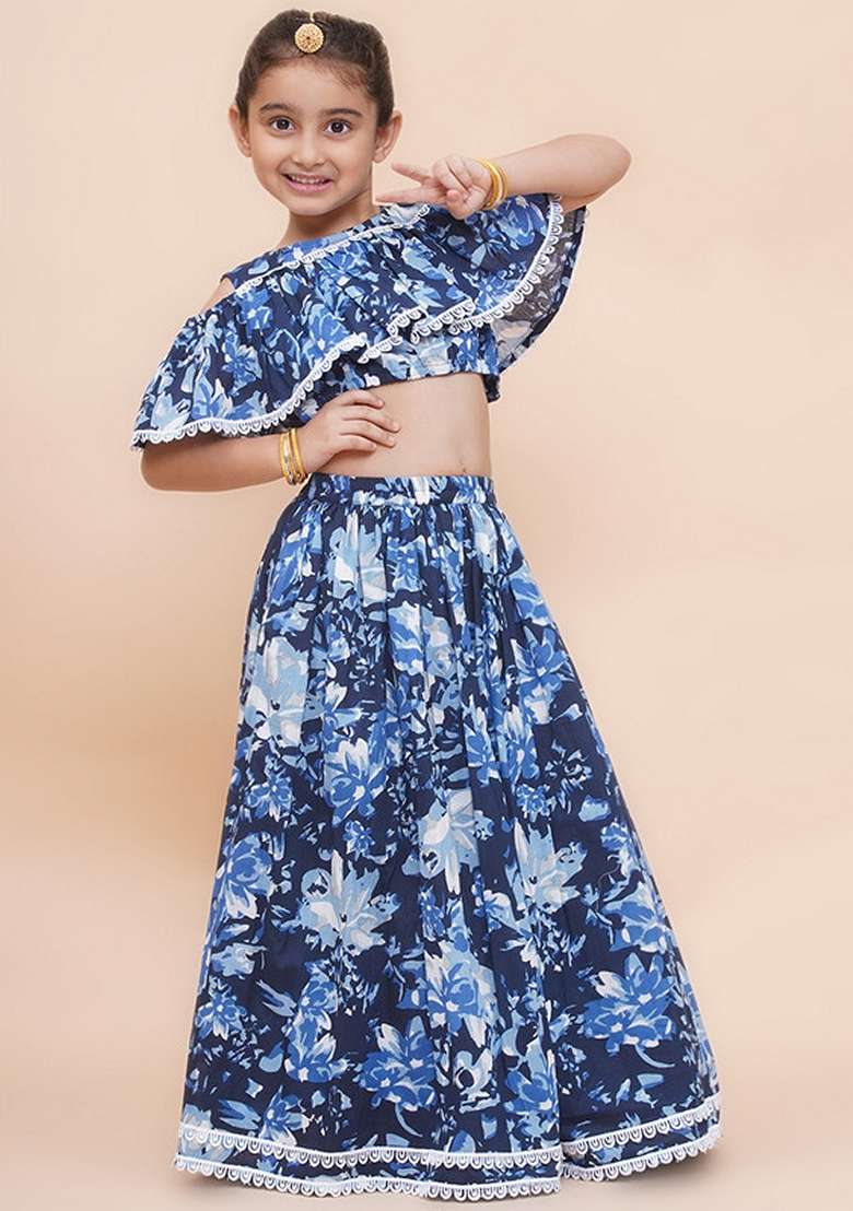 Navy Blue Embellished Cotton Lehenga Set For Girls - Indya