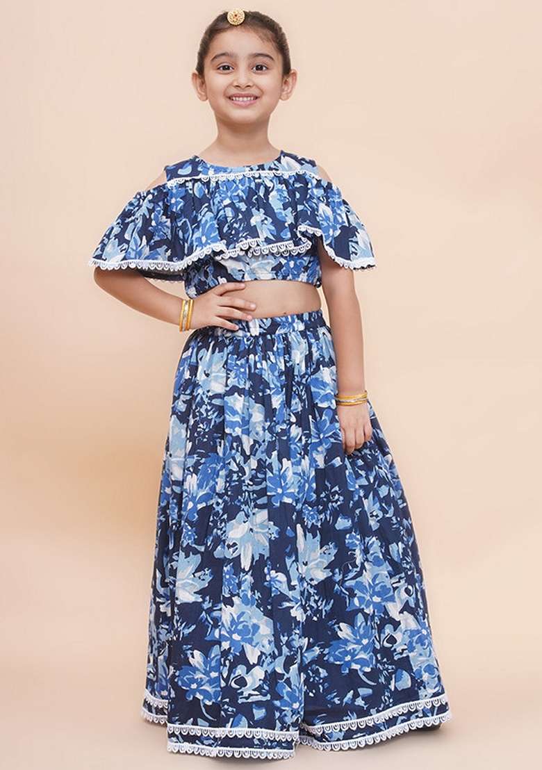 Navy Blue Embellished Cotton Lehenga Set For Girls - Indya