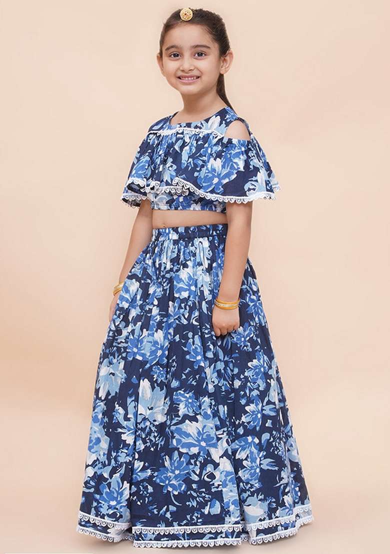 Navy Blue Embellished Cotton Lehenga Set For Girls - Indya
