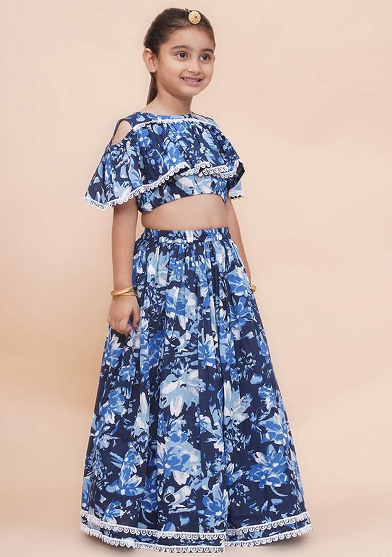 Navy Blue Embellished Cotton Lehenga Set For Girls - Indya
