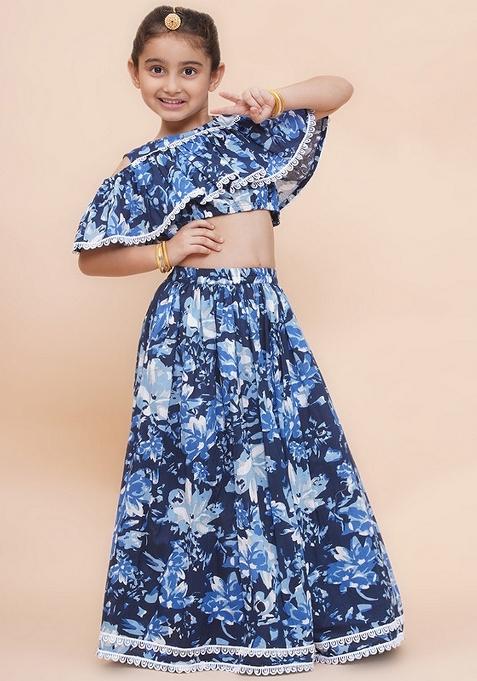 Navy Blue Embellished Cotton Lehenga Set For Girls — view on Indya