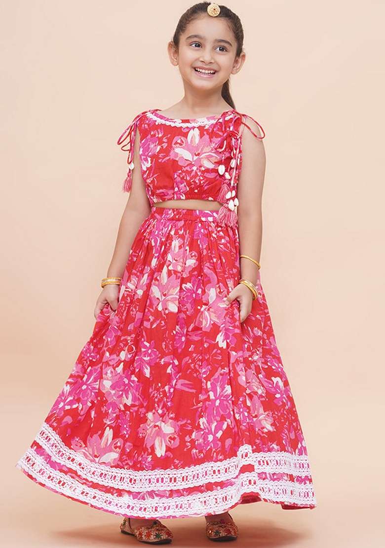 Red Embellished Cotton Lehenga Set For Girls - Indya