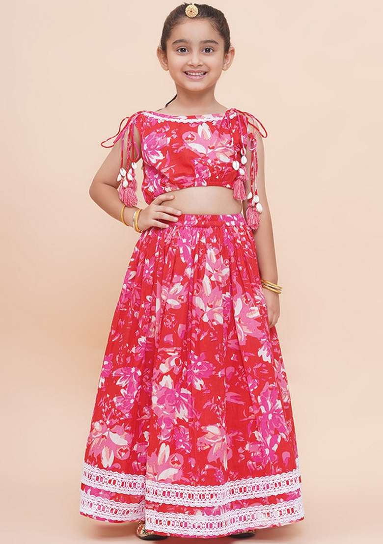 Red Embellished Cotton Lehenga Set For Girls - Indya