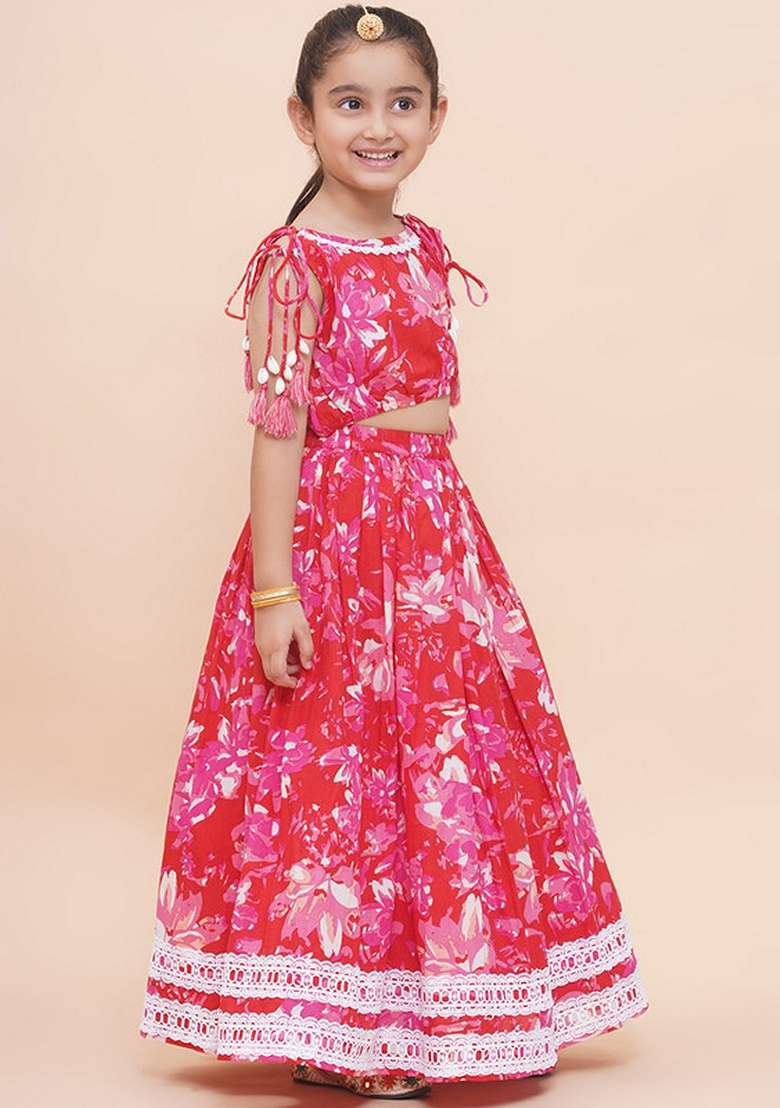 Red Embellished Cotton Lehenga Set For Girls - Indya