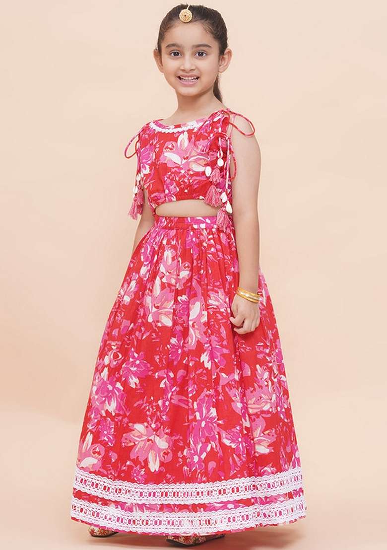 Red Embellished Cotton Lehenga Set For Girls - Indya