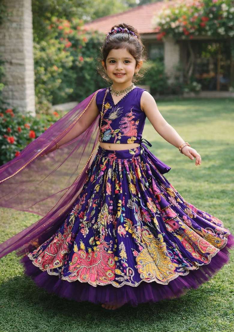 Dark Blue Embroidered Crepe Lehenga Set For Girls - Indya