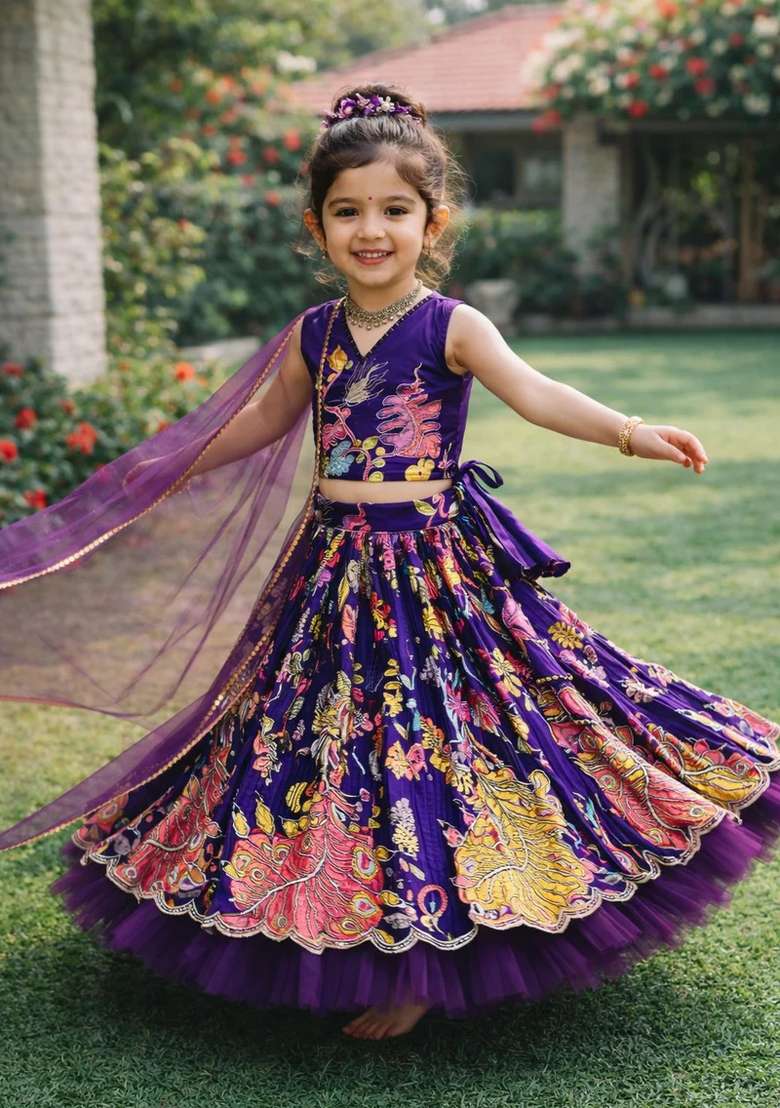 Dark Blue Embroidered Crepe Lehenga Set For Girls - Indya