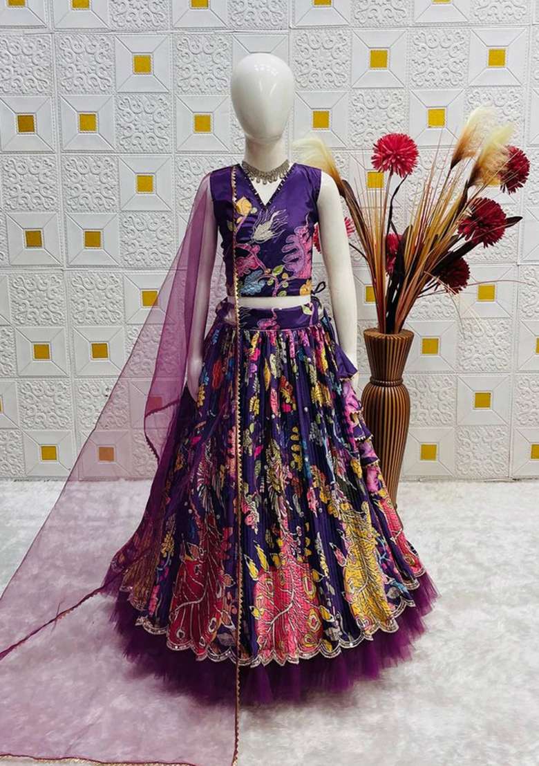 Dark Blue Embroidered Crepe Lehenga Set For Girls - Indya