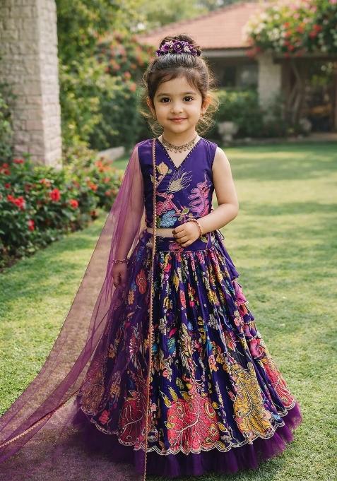 Dark Blue Embroidered Crepe Lehenga Set For Girls