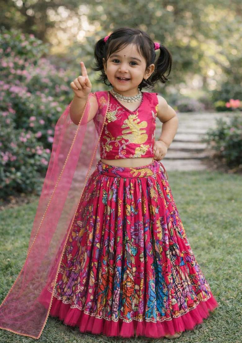 Dark Pink Embroidered Crepe Lehenga Set For Girls - Indya