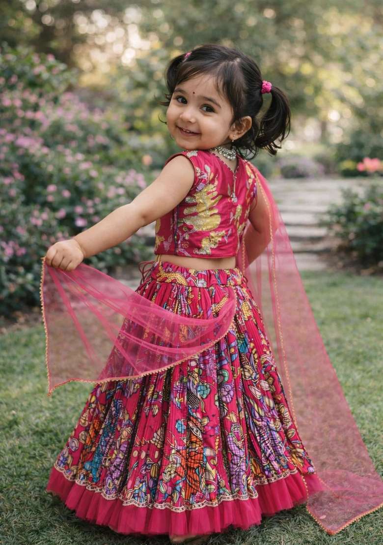 Dark Pink Embroidered Crepe Lehenga Set For Girls - Indya