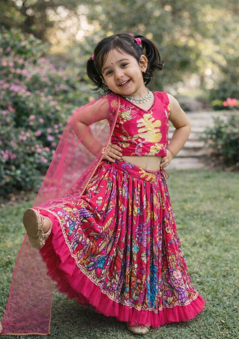 Dark Pink Embroidered Crepe Lehenga Set For Girls - Indya