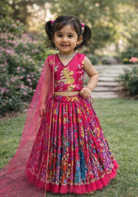 Dark Pink Embroidered Crepe Lehenga Set For Girls