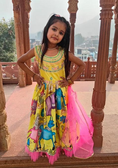 Multicolor Embroidered Silk Lehenga Set For Girls