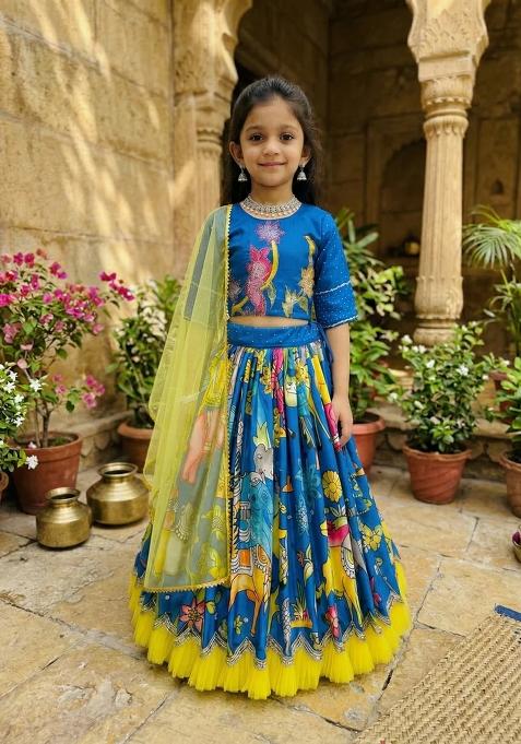 Multicolor Embroidered Silk Lehenga Set For Girls