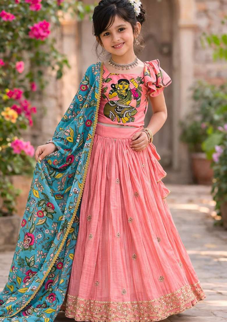 Multicolor Embroidered Chinon Lehenga Set For Girls - Indya