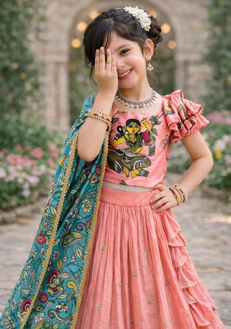 Multicolor Embroidered Chinon Lehenga Set For Girls - Indya