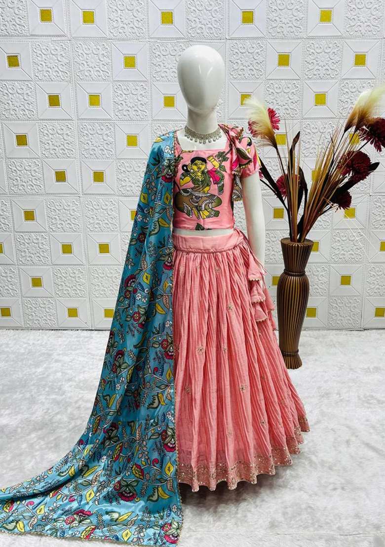 Multicolor Embroidered Chinon Lehenga Set For Girls - Indya