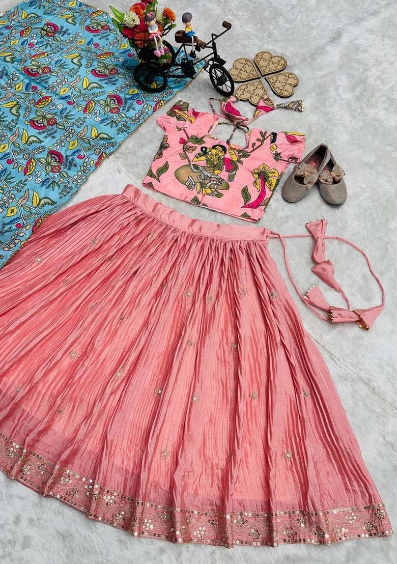 Multicolor Embroidered Chinon Lehenga Set For Girls - Indya