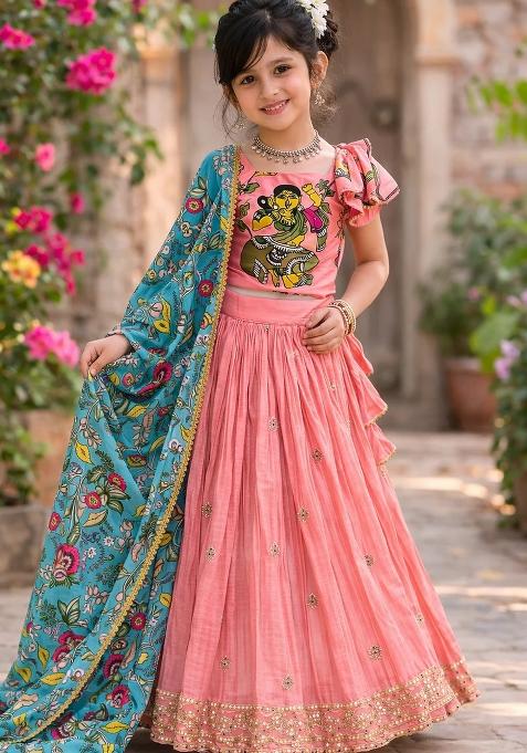 Multicolor Embroidered Chinon Lehenga Set For Girls