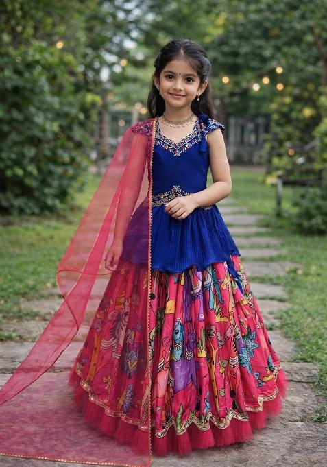 Multicolor Embroidered Chinon Lehenga Set For Girls