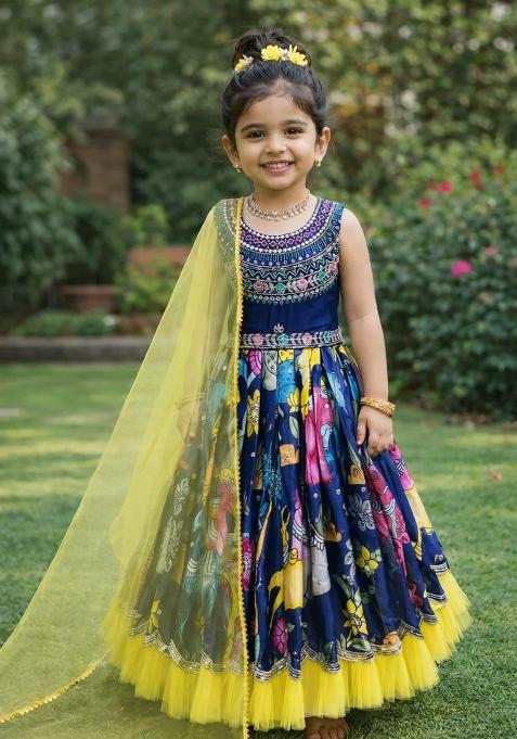 Multicolor Embroidered Chinon Lehenga Set For Girls