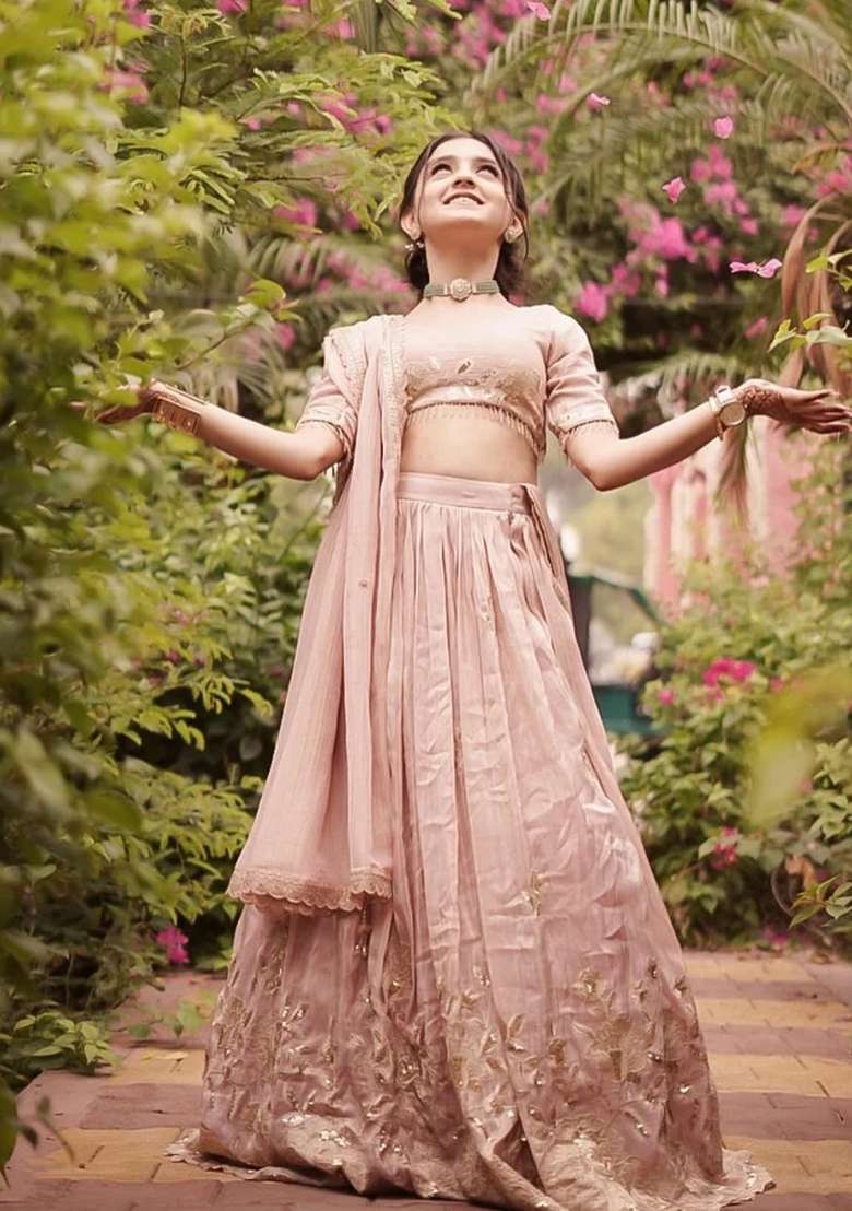 Multicolor Embroidered Crepe Lehenga Set For Girls - Indya