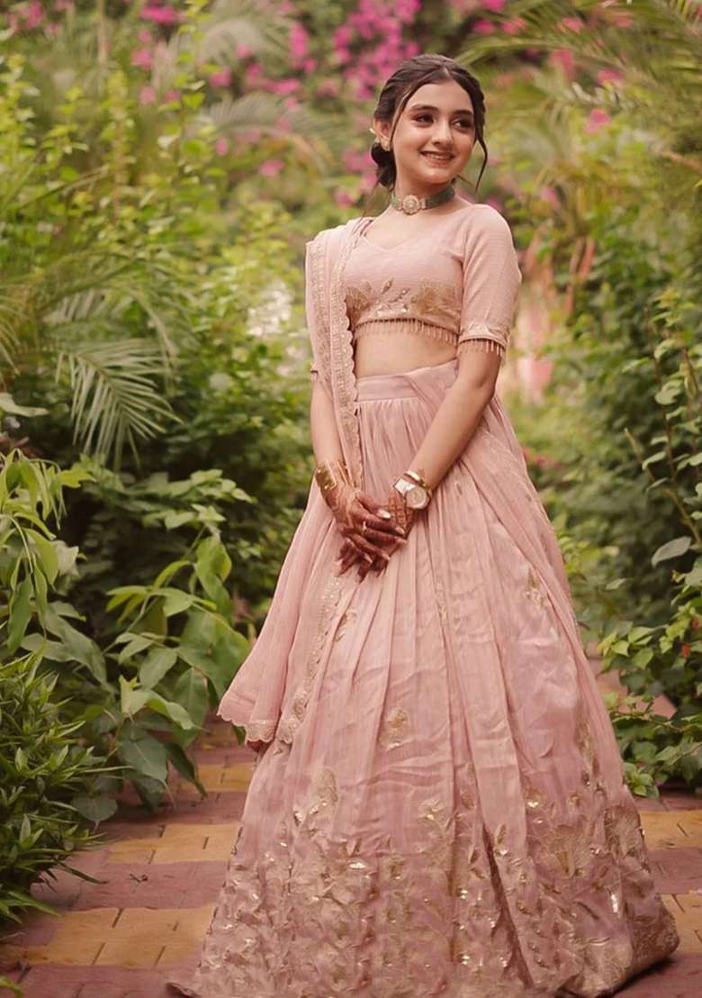 Multicolor Embroidered Crepe Lehenga Set For Girls - Indya