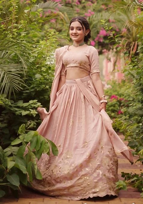 Multicolor Embroidered Crepe Lehenga Set For Girls