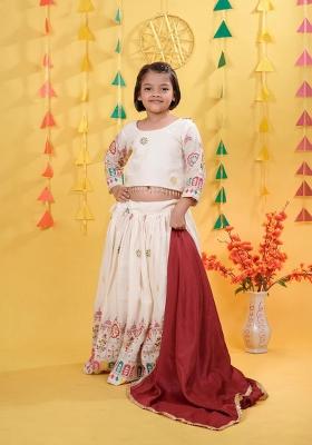 Cream Embroidered Cotton Lehenga Set For Girls