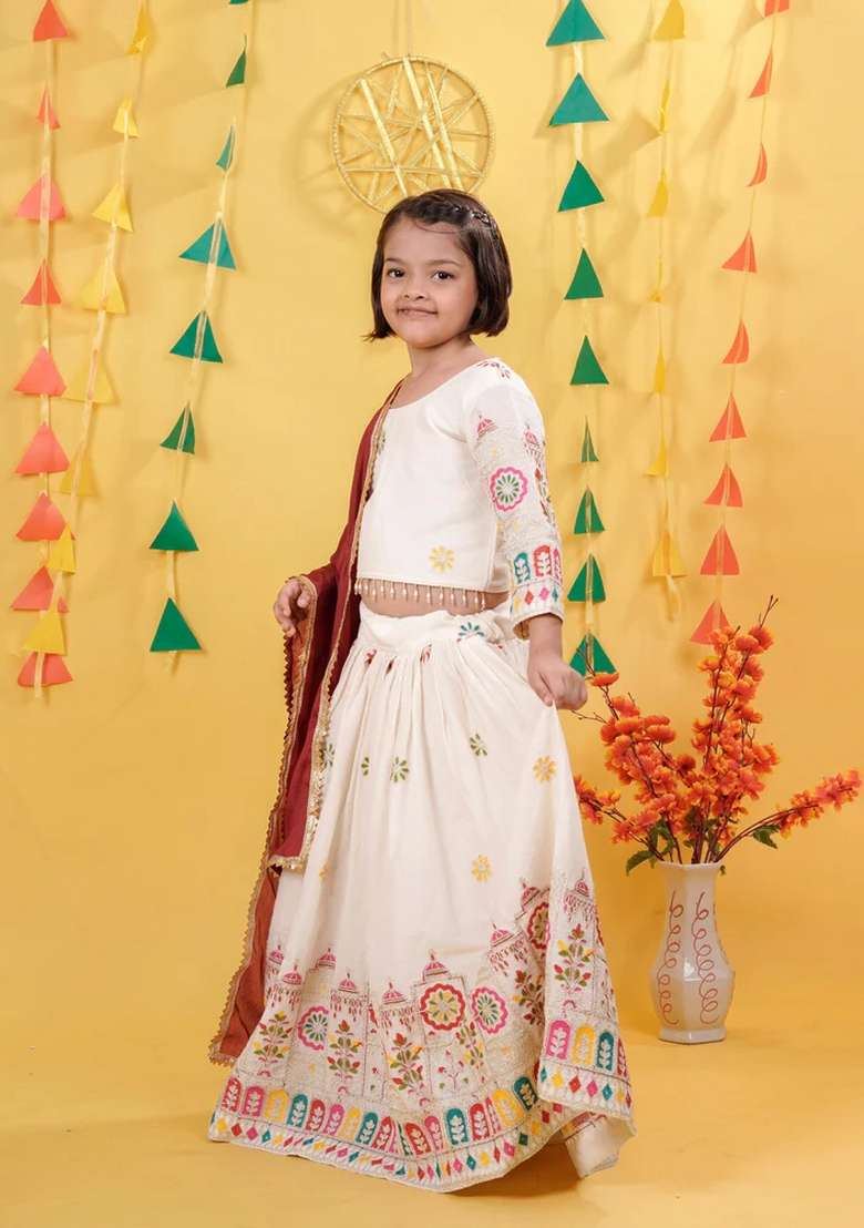 Cream Embroidered Cotton Lehenga Set For Girls - Indya
