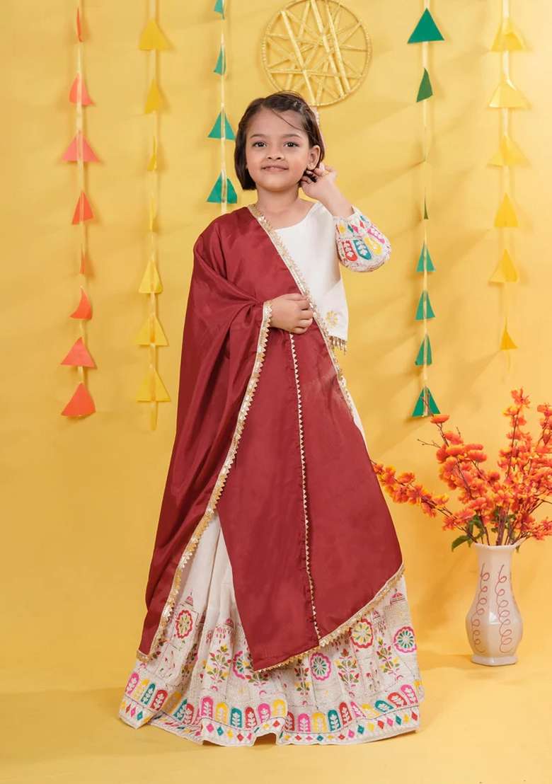 Cream Embroidered Cotton Lehenga Set For Girls - Indya