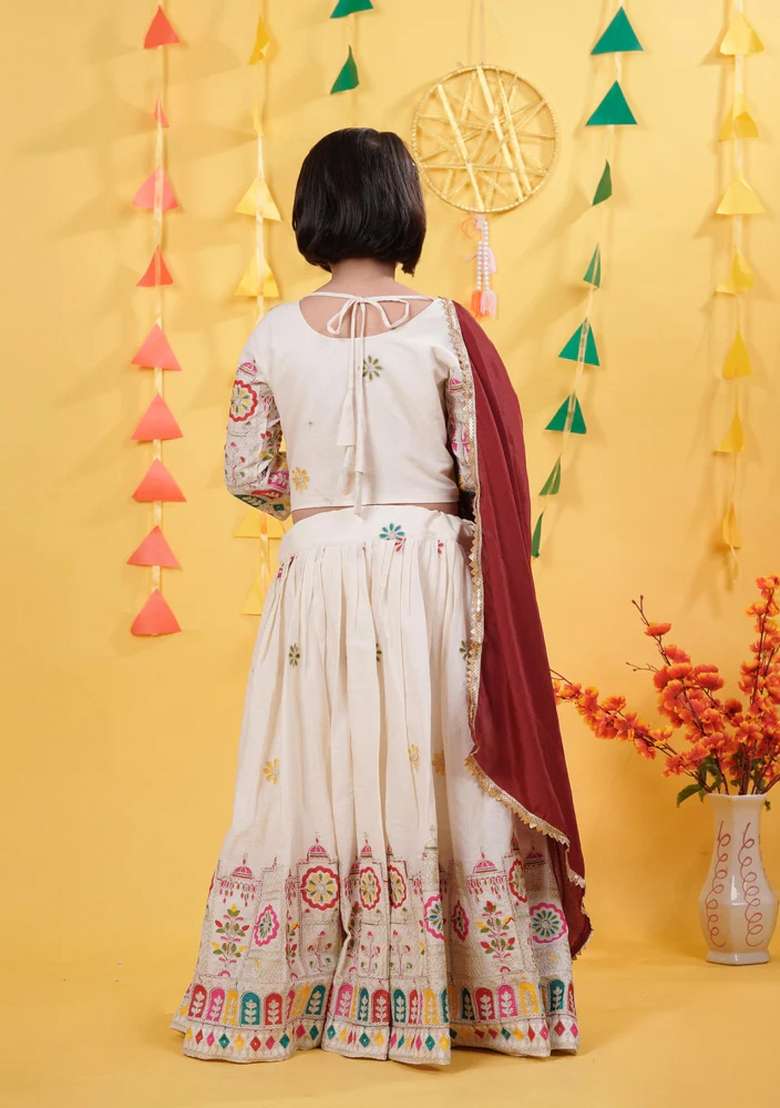 Cream Embroidered Cotton Lehenga Set For Girls - Indya