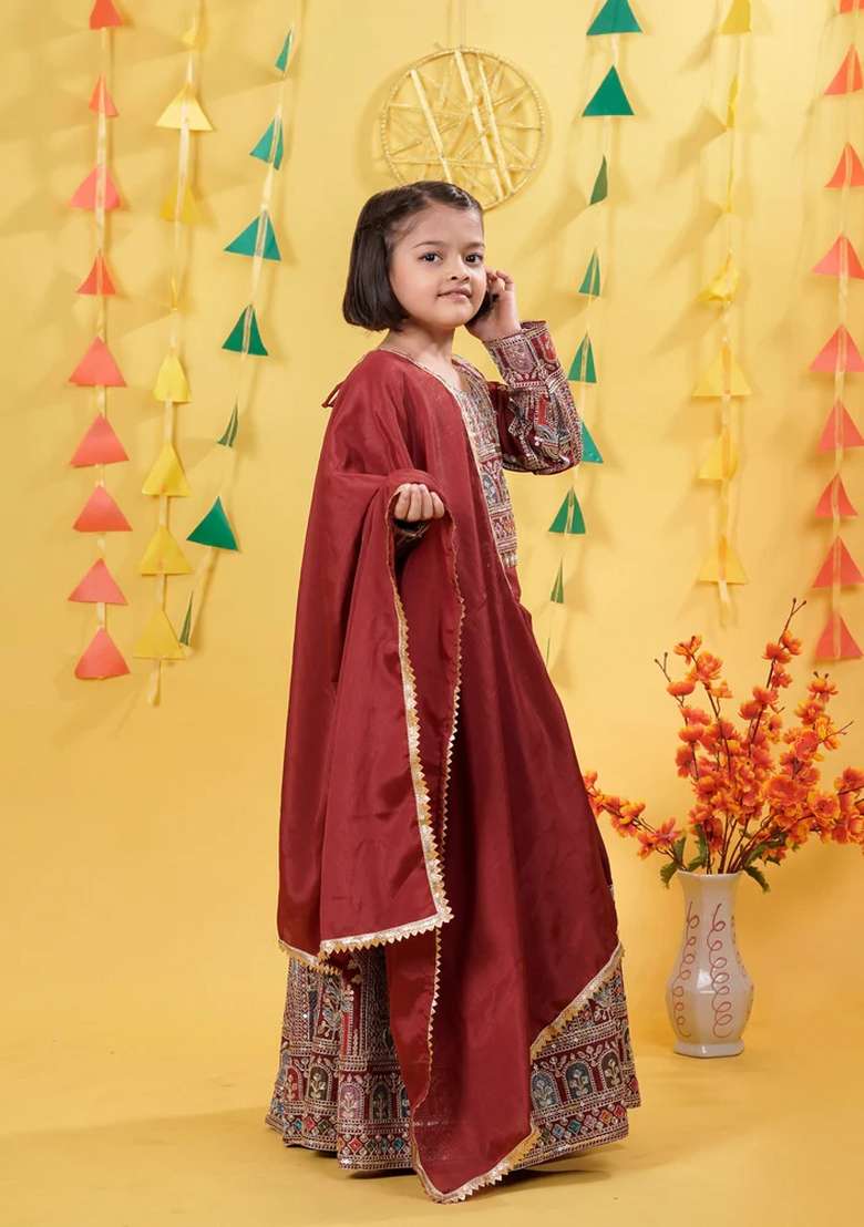 Red Embroidered Vichitra Lehenga Set For Girls - Indya