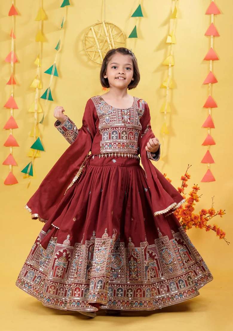 Red Embroidered Vichitra Lehenga Set For Girls - Indya